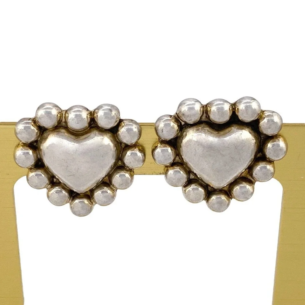 Vintage Mexico Taxco TD-29 Sterling Silver 925 Dot Bead Heart Clip On Earrings